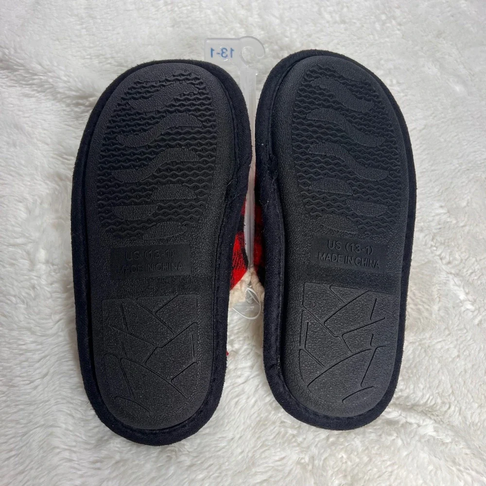 WonderShop Kids Slippers Red Black Buffalo Plaid Sherpa Lined Cozy Size 13-1 NWT